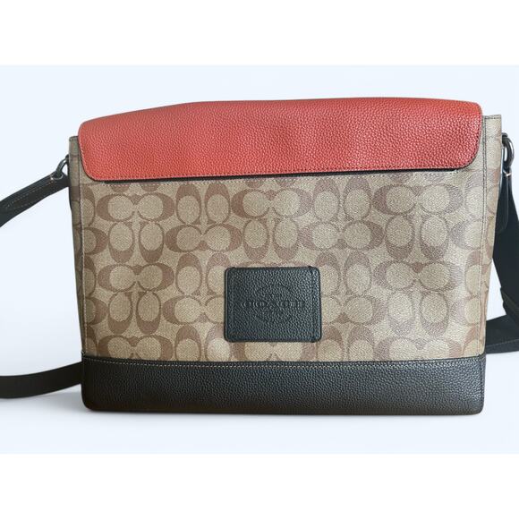 Coach Hudson Messenger Bag in Colorblock Terracotta Khaki Signature Leather - Picture 6 of 16